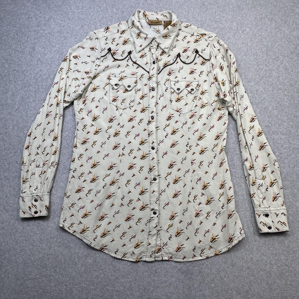 Wrangler Shirt Womens Medium Cream Western Pearl Snap Cactus Skull Rayon
